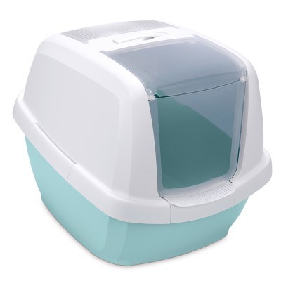 Caixa de areia para gato com tampa branca e base azul-claro