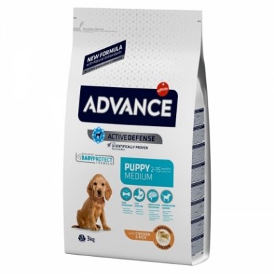 Saco de ração para cachorros ADVANCE Puppy Medium 3 kg com imagem de cachorro e texto em português e inglês.