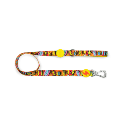 Trela para cão colorida com padrão de cómics e fecho metálico