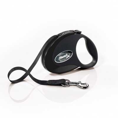 Trela retráctil para cães preta com pega ergonómica e fita preta