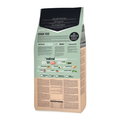 Saco de ração para cães Guinat GRAIN FREE com informações nutricionais e ingredientes naturais