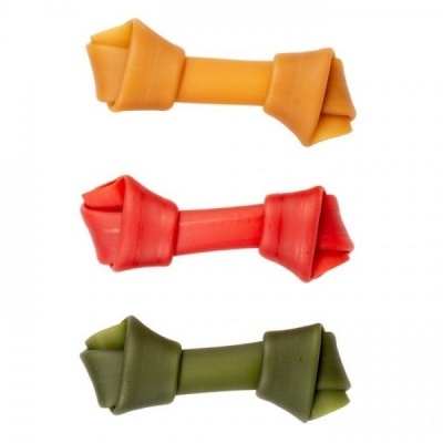 Três ossos de borracha para cães nas cores laranja, vermelho e verde