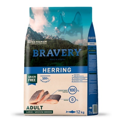 Saco azul de ração Bravery Herring para cães adultos, 12 kg