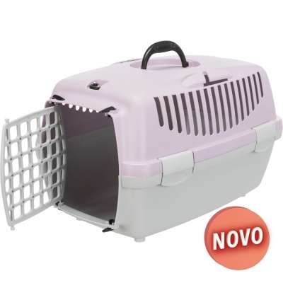 Transportadora para animais de estimação cor-de-rosa e cinza com porta aberta e alça preta