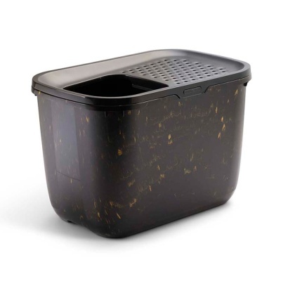 Recipiente de plástico preto marmoreado com tampa perfurada e compartimento separado