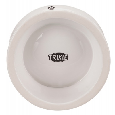Comedouro cerâmico branco redondo para animais com logo TRIXIE e pata preta na borda
