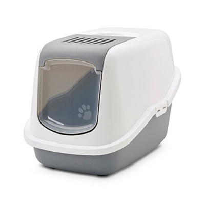 Sanita para gatos cinzenta e branca com porta basculante