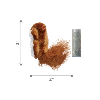 Brinquedo de esquilo de pelúcia castanha e tubo claro com pequenos objetos