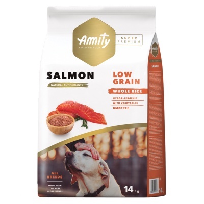 Saco de comida para cães Amity sabor salmão com baixo teor de grãos e arroz integral
