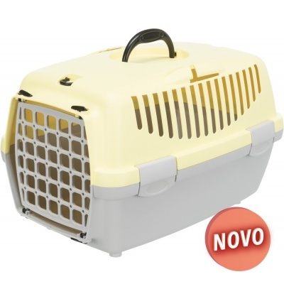 Transportadora para animais em plástico amarelo e cinza com porta de grade e alça preta
