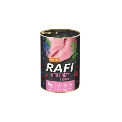 Lata preta com comida para cães RAFI com peru e texto