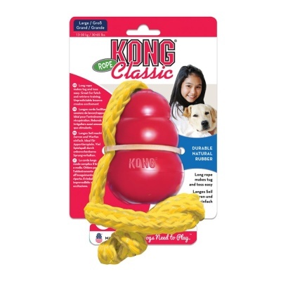 Brinquedo para cães Kong Classic grande vermelho com corda amarela trançada