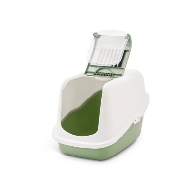 Sanita para gatos branco e verde com tampa superior translúcida aberta
