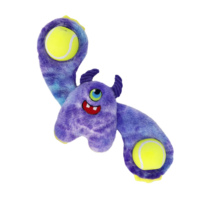 Brinquedo para cães de peluche roxo com bolas de ténis amarelas