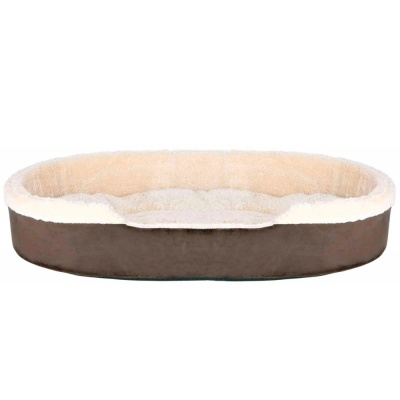Cama oval para animais com interior felpudo bege e base castanha