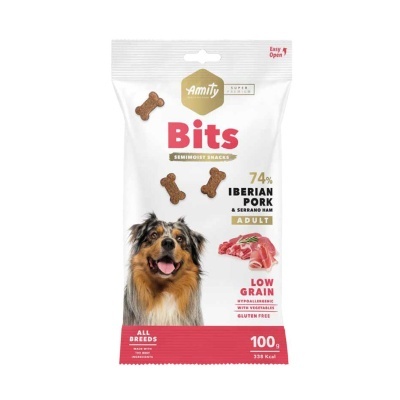 Embalagem de snacks para cães da marca Amity com imagens de ossos e um cão
