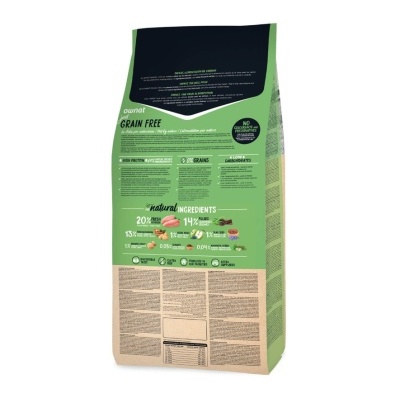 Embalagem verde e preta de ração grain free para animais com texto e imagens de ingredientes naturais.