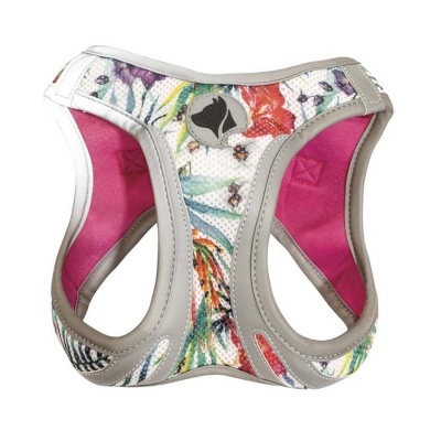 Peitoral para cão com padrão floral colorido e interior rosa