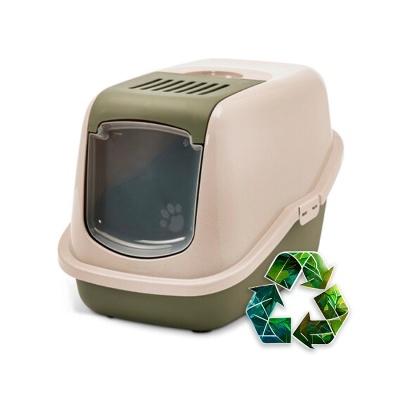 Caixa de areia para gatos verde e bege com porta transparente e símbolo de reciclagem
