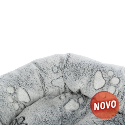 Cama para animais cinzenta com padrão de patas e etiqueta 'NOVO'