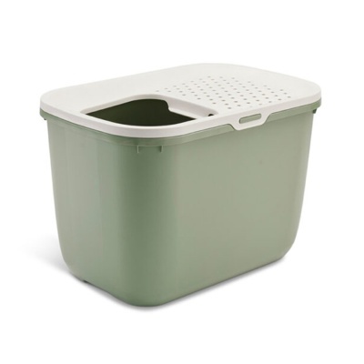 Caixa de armazenamento de plástico verde com tampa branca perfurada