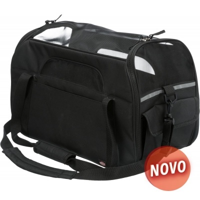 Bolsa de transporte preta com parte superior transparente e etiqueta vermelho com NOVO