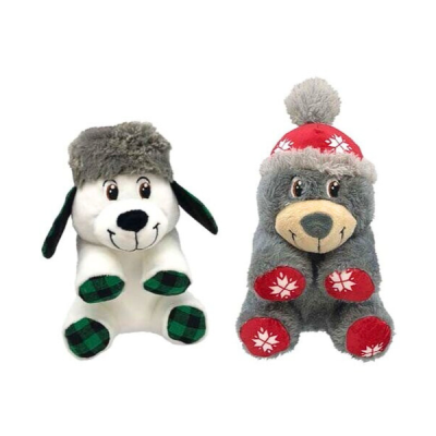 Dois peluches, cão branco com chapéu cinza e urso cinza com chapéu vermelho