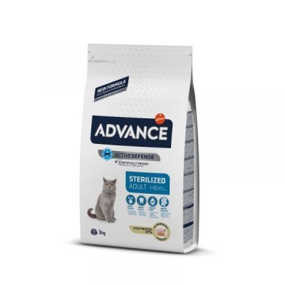 Saco branco de ração para gatos ADVANCE Sterilized Adult 3kg com imagem de gato cinzento