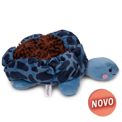 Pelúcia tartaruga azul com concha padrão castanho escuro e selo 'NOVO'