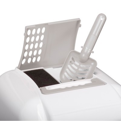Recipiente branco para areia de gato com escova cinza e tampa perfurada