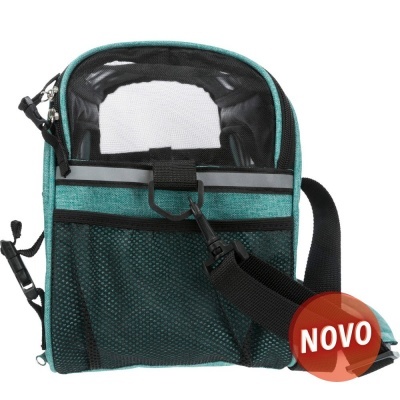 Bolsa de transporte verde turquesa com bolso de rede e alça preta, etiqueta NOVO