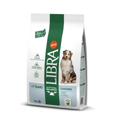 Saco branco e verde de comida para cães Affinity Libra Chicken para cães acima de 7 anos