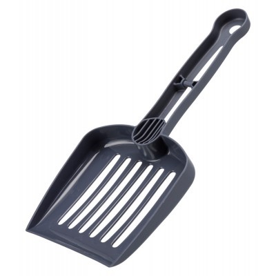Pá de plástico preta com fendas e apoio para varrer