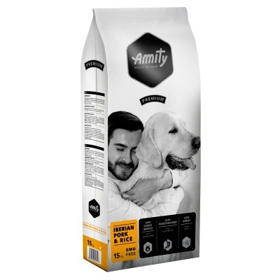 Saco de ração Amity Premium para cães com imagem de homem e cão e texto Iberian Pork & Rice