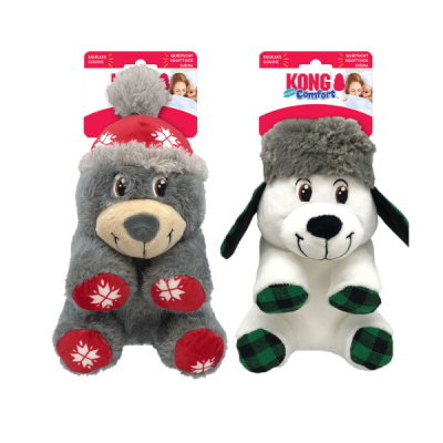 Brinquedos de peluche para cães KONG, cinzento com chapéu vermelho e branco com orelhas pretas e patas aos quadrados verdes.