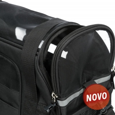 Bolsa de transporte preta para animais com detalhe refletor e etiqueta NOVO