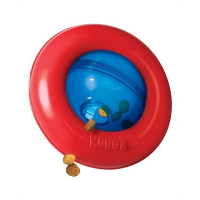 Brinquedo para cães KONG em plástico vermelho e azul com alguns pedaços de ração