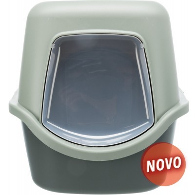 Casa de banho para gato cinzenta e verde com porta translúcida e selo 'NOVO'