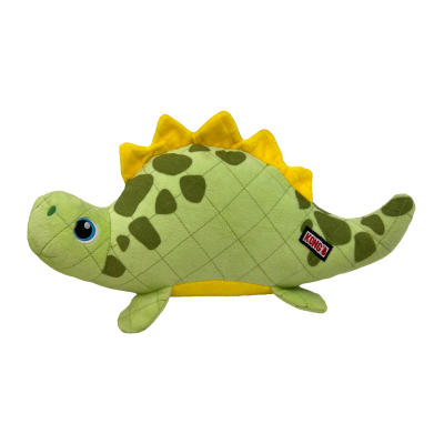 Pelúcia de dinossauro verde com manchas e espinhos amarelos