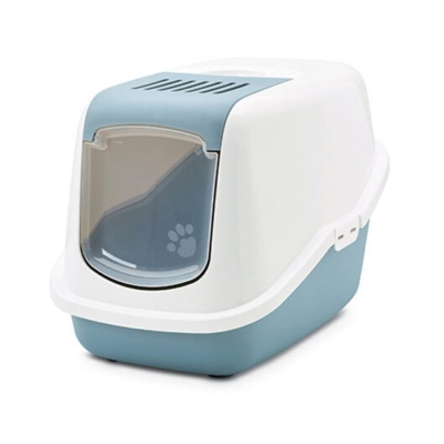 Casa de banho para gatos em plástico azul e branco com porta translúcida