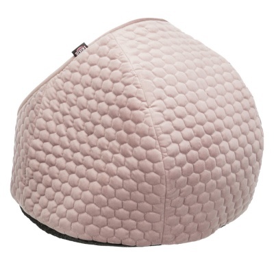 Pufe redondo rosa claro com textura hexagonal e base preta