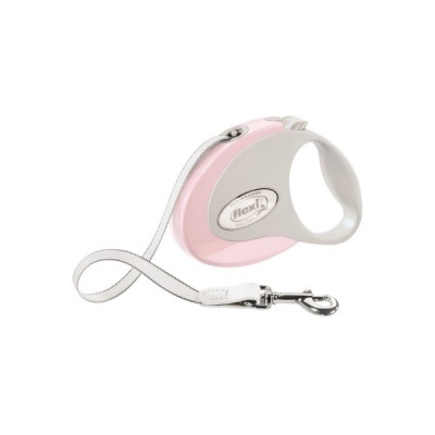 Trela para cães Flexi com pega rosa e cinza e fita branca retrátil