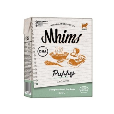 Pacote de comida para cachorros Mhims Puppy com design ilustrado e texto