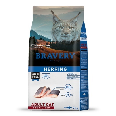 Embalagem de ração Bravery para gatos adultos esterilizados sabor arenque 7kg