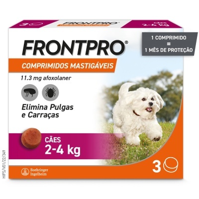 Caixa de comprimidos FRONTPRO para cães de 2 a 4 kg contre pulgas e carraças com imagem de cão branco
