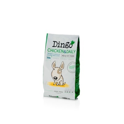 Saco de ração para cães Dingo Chicken & Daily 500g branco e verde com desenho de cão
