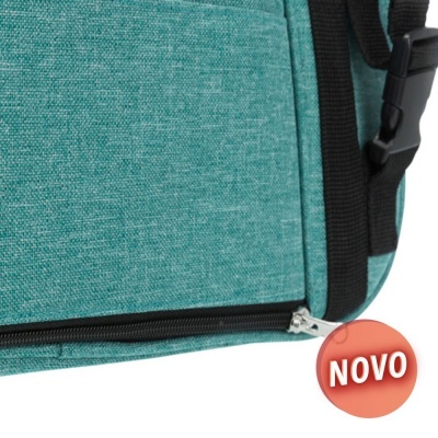 Mala ou mochila azul turquesa com fecho e alças pretas, etiqueta com texto NOVO
