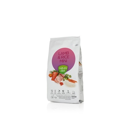 Saco branco de comida para animais LAMB & RICE MINI natura diet com 500g e imagens de ingredientes