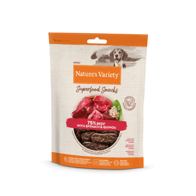 Embalagem de snack para cães Nature's Variety Superfood Snacks com 75% carne de vaca, espinafre e quinoa
