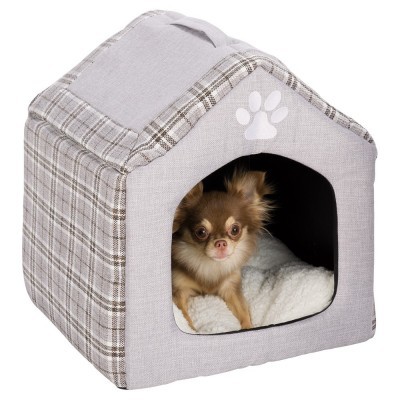Cama para cães em forma de casinha cinzenta com padrão xadrez e pata desenhada.